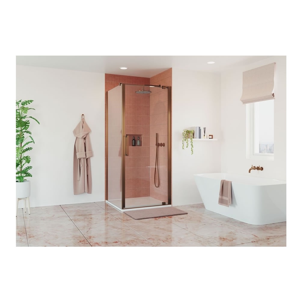Lifestyle image of Crosswater Optix 10 Brushed Bronze Pivot Shower Door